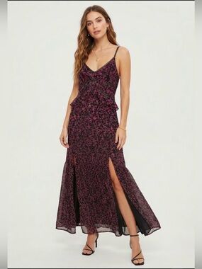 Lovestitch Black Magenta Pink Floral Maxi Dress Size Medium Ruffle Trim